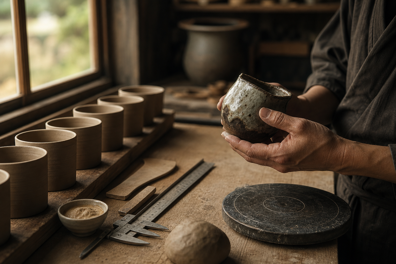 並んだ素地の器と一つの個性的な作品