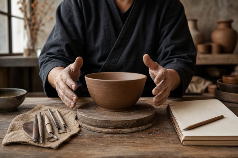 粘土と器、ノートを前に考える陶芸家の手元