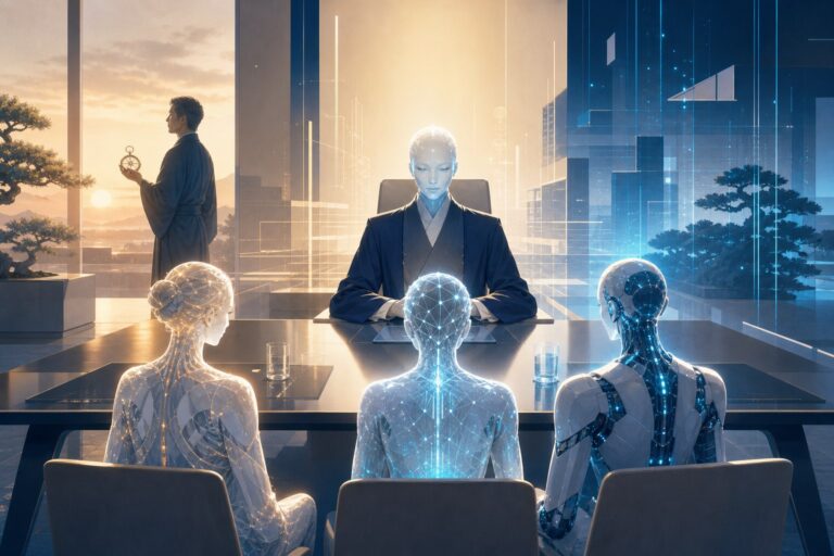上司AIが複数の候補AIを面接し、人が方針を示すイメージ