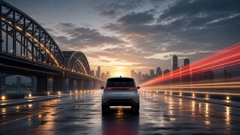 新規参入の電気自動車と、歴史ある橋・革新の光が交差する二社戦略のイメージ