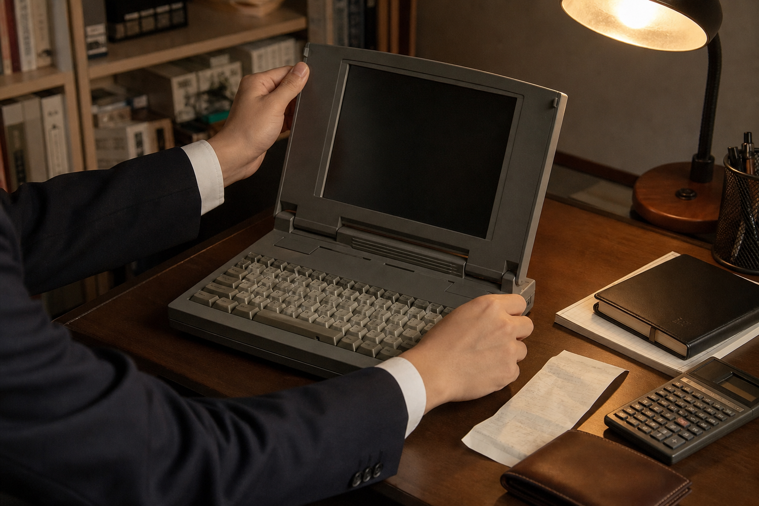自分で購入した1990年代のノートパソコンを開く手元