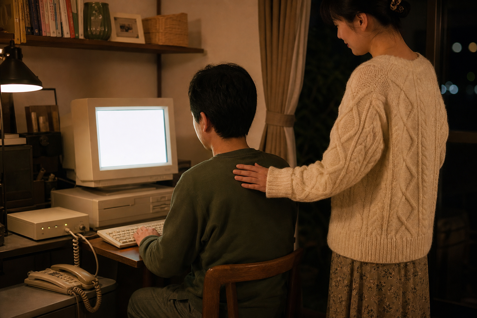 ダイヤルアップ接続のパソコンを見守る夫婦
