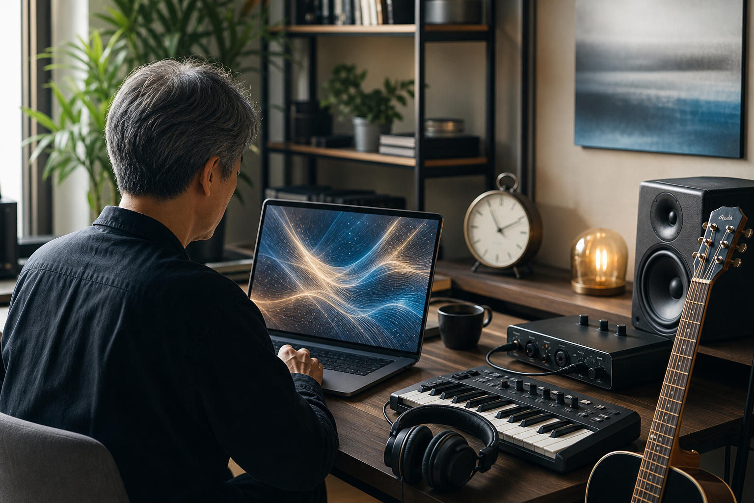 AIと音楽制作の道具が並ぶ現代の作業環境
