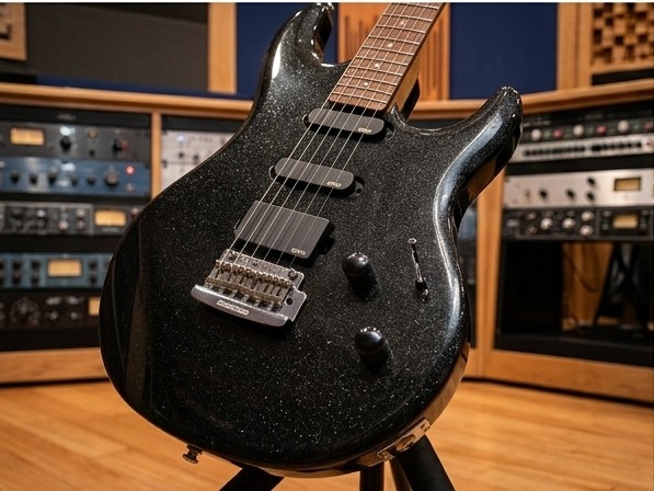 Black Sparkle仕上げとHSSピックアップが見えるMusic Man Luke IIのボディ