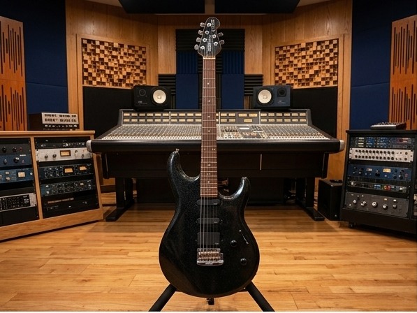 レコーディングスタジオに置かれた2008年製Music Man Luke II Black Sparkleの全体写真
