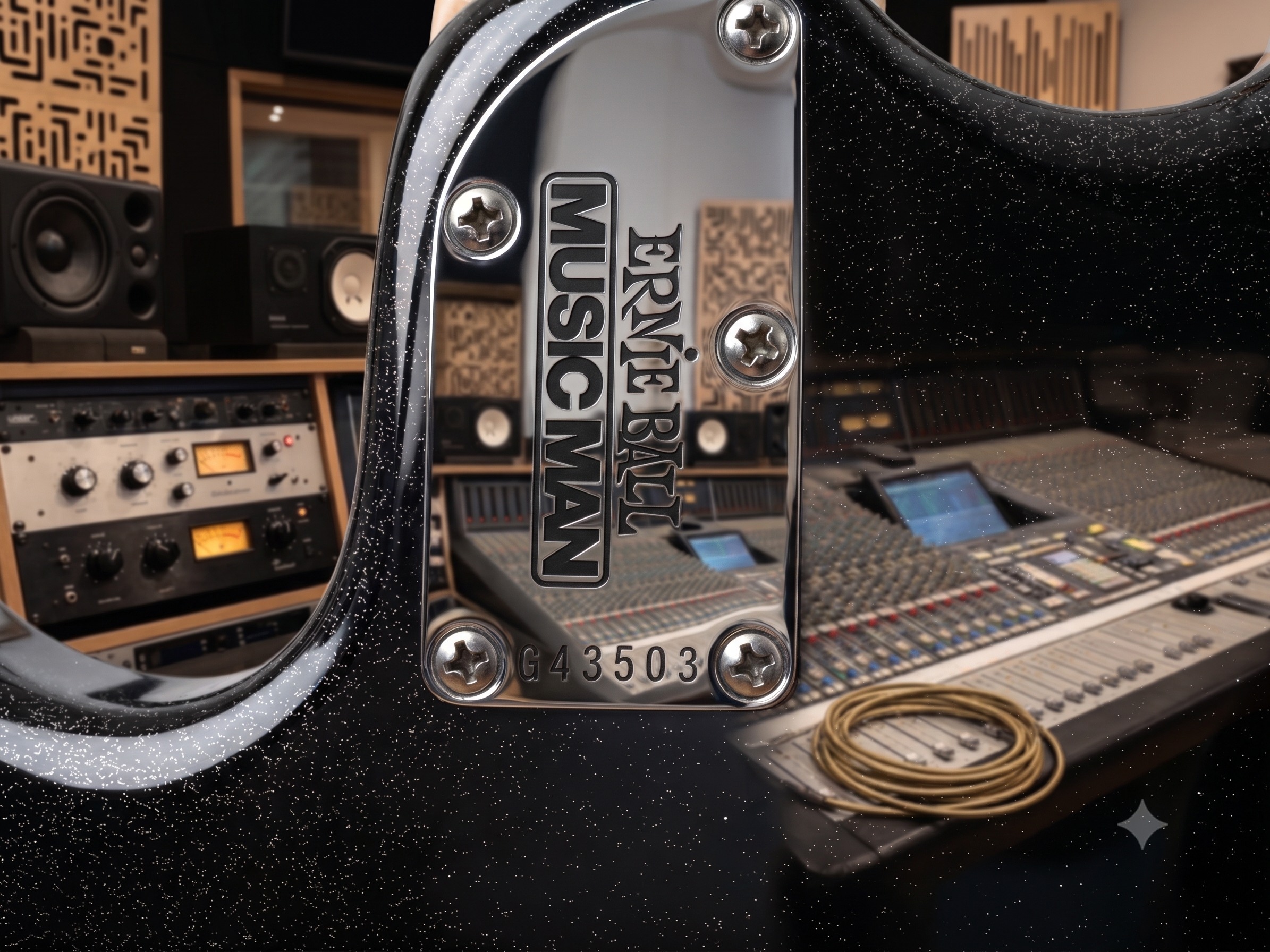 シリアルG43503が刻まれたMusic Man Luke IIのネックプレート
