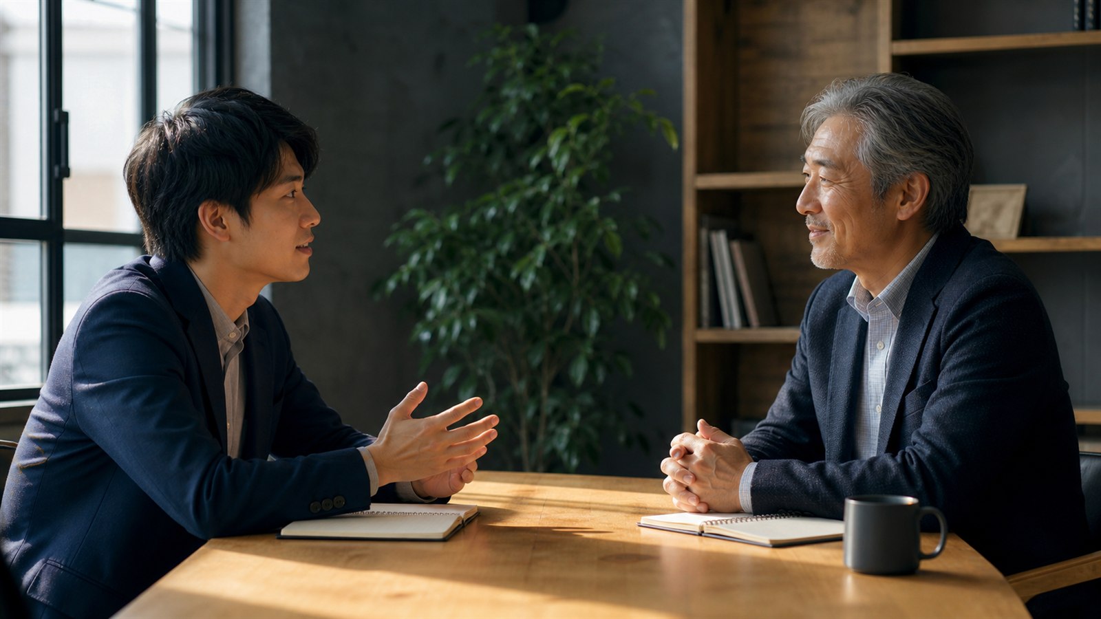 わからないことを経験者に尋ね、学びを受け取る若い人